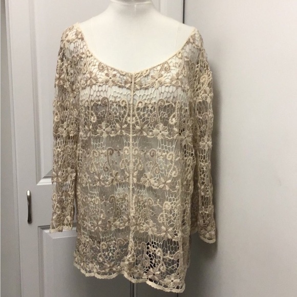 Adiva Women’s 3/4 Sleeve Scoop Neck Crochet Knit Pull Over Top, Beige, size 3X - Picture 7 of 10